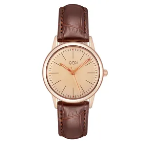 Elegant women's quartz watch with rose gold case and brown leather crocodile strap