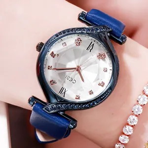 Elegante orologio al quarzo da donna con cinturino in pelle blu e ghiera in cristalli