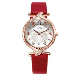 Orologio di lusso GEDI da donna con cinturino in pelle rossa e cassa con diamanti rosa