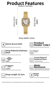 Détail de la montre vintage pour femme dorée avec cadran carré de 23 mm et dimensions