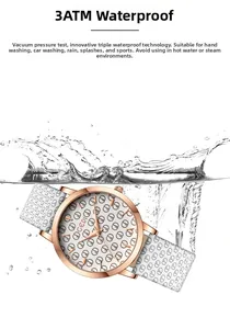 Detail of 3ATM waterproof rose gold quartz watch with GEDI logo and splash effect