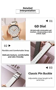 Detail of GEDI quartz watch featuring logo patterns on dial and flexible leather strap