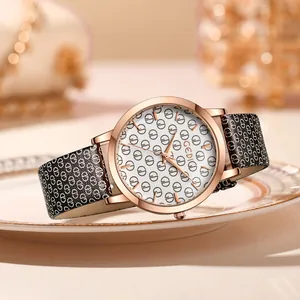 GEDI Women Fashion Quartz Watch Rose Gold Alloy Case Microfiber Leather Strap Monogram Monogram Ladies Wristwatch Dress Gift
