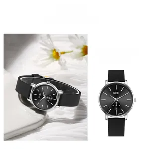 Detailed close-up of GEDI 6308-2 quartz watch with black sunray dial and silver case