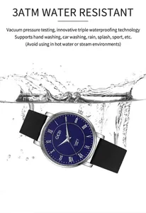 Detailed view of 3ATM waterproof quartz watch with blue dial splashing in water