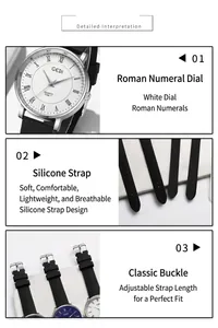 Detail of white dial with Roman numerals and black silicone strap on quartz watch