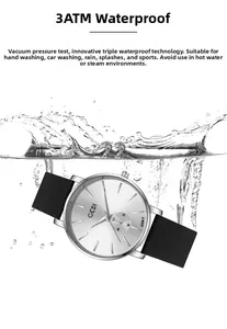 Detail view of GEDI quartz watch showing 3ATM water resistance with water splash effect