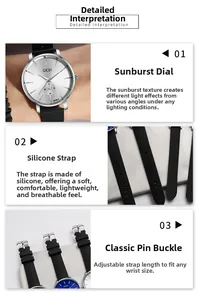 Detail view of quartz watch showing the sunray dial, silicone strap and classic pin buckle