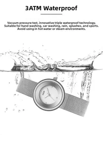 Visualized 3ATM waterproof performance of silver mesh band quartz watch with splashing water