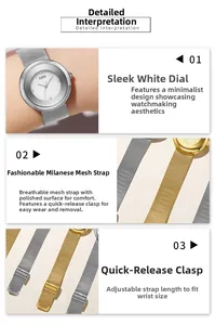 Detail view of GEDI minimalist watch dial with breathable mesh strap and adjustable buckle