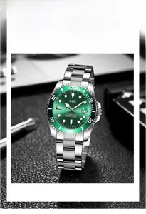 Detailed macro view of the GEDI green sunray dial watch with steel band and date window