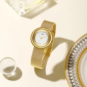 GEDI Elegant Women Quartz Watch Minimalist Dial Rhinestone Accents Stainless Steel Mesh Strap Fashion Wristwatch Gift