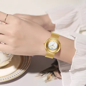 Elegant gold mesh strap watch for women with minimalist white dial and crystal markers