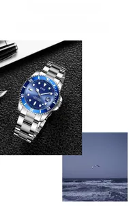Detail of GEDI men's sport watch featuring blue sunburst dial and magnified date window