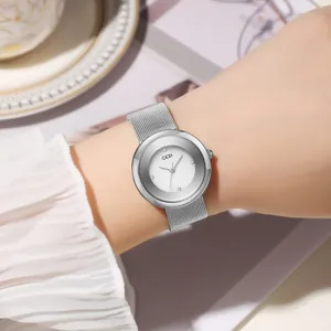 Elegant silver mesh strap watch for women with minimalist white dial and rhinestone markers