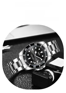 Detailed view of silver stainless steel business watch with date window and rotating bezel