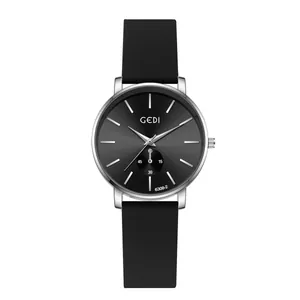 Minimalist quartz watch with black silicone strap and silver sub-dial for couples