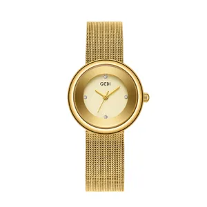 GEDI luxury gold mesh strap watch for women with rhinestone markers on champagne dial