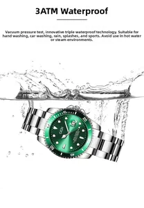 Detailed view of the GEDI quartz watch featuring 3ATM water resistance and green sunburst dial