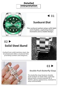 Detail of sunray green dial with date magnifier and solid stainless steel brushed strap