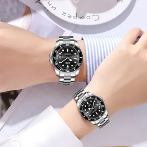 GEDI stainless steel couple watches with black dial and luminous hands in diver style