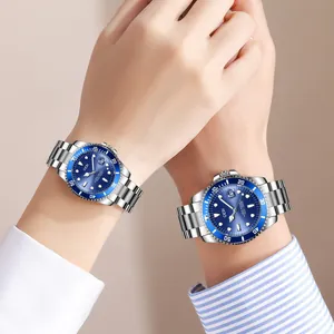 Pair of GEDI stainless steel watches with blue sunray dial and luminous hands for couples