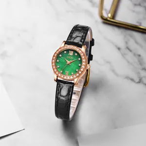 Luxury Women Quartz Watch Rose Gold Alloy Case Rhinestone Inlaid Genuine Leather Strap Elegant Fashion Elegant Timepiece