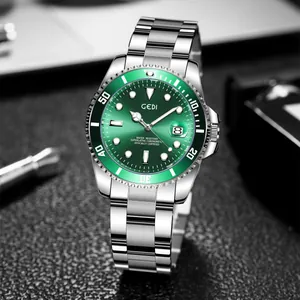 Luminous steel dive watch with green rotating bezel and date window for men