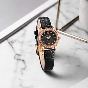 Elegant rose gold ladies watch with black litchi leather strap and diamond bezel