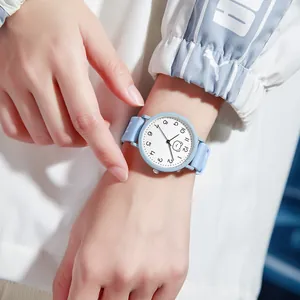 Pastel blue waterproof silicone student quartz watch with cute cartoon bear on white dial