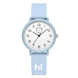Light blue quartz watch with silicone strap and cartoon bear pattern for kids