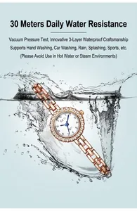 Detail showing women's rose gold watch with rhinestone bezel in splashing water for 30M waterproof