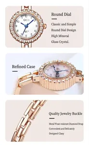 Detail view of the rose gold rhinestone watch featuring jewelry buckle and mineral glass