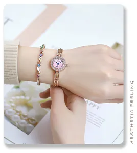 Close-up of rose gold rhinestone watch paired with colorful gemstone bracelet set