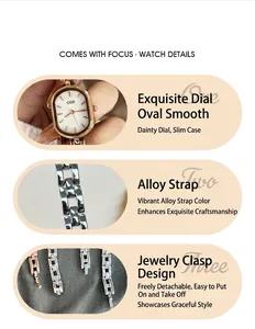 Detail of oval quartz watch with elegant rose gold alloy strap and jewelry clasp
