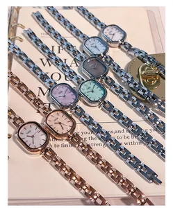 Elegant oval quartz wristwatches with colorful mother-of-pearl dials and slim metal straps