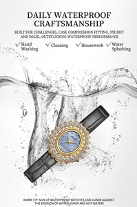 Wasserdichte Luxus-Damenuhr mit hellblauem Zifferblatt und Kristalllünette im Wasserspritzer