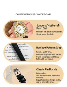 Detail der eleganten Uhr mit Goldzifferblatt, Diamanten und schwarzem Lederarmband
