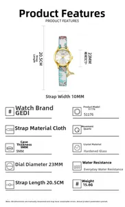 Detailed view of women's quartz watch showing porcelain pattern strap and fish tail charm