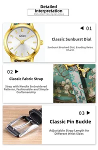Detail of sunray dial and embroidered fabric strap with fish tail pendant for women