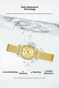Waterproof gold quartz watch with mesh strap submerged in water showing splash effect