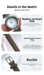 Macro details of mother-of-pearl dial, taupe lychee leather strap and silver buckle