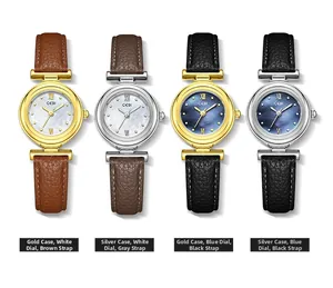 Detail of luxury mother-of-pearl dial watches with lychee leather straps in four colors