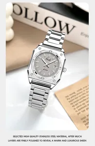 Macro detail of Gedi square quartz watch dial with silver stainless steel link strap