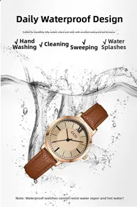 Macro detail of GEDI ladies quartz watch showing daily waterproof feature with water splashes
