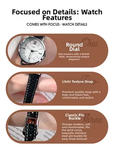 Detailed views of the silver Roman dial, litchi leather strap, and stainless steel buckle