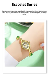 Detail of vintage gold alloy watch with green chalcedony and copper coin charm bracelet