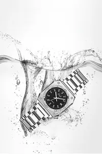 Detail of waterproof silver octagonal watch with black dial and date window