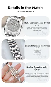 Detailed views of the square steel watch featuring its date window and butterfly clasp