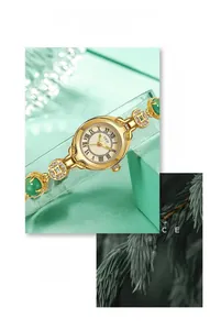 Detail of GEDI vintage jewelry watch with green gemstones and sparkling coin-style band